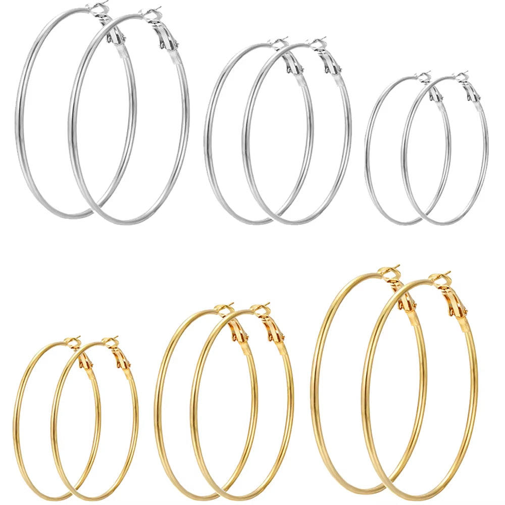 6 Pairs Hyperbole Big Gold Color Metal Hoop Earrings Set for Women Simple Round Circle Earring Female Silver Color Daily Jewelry.