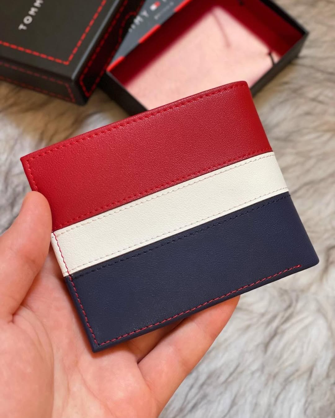 Genuine leather (J&S) Bi-Fold Pu-Leather Wallet for Men (Red,White,Blue) .