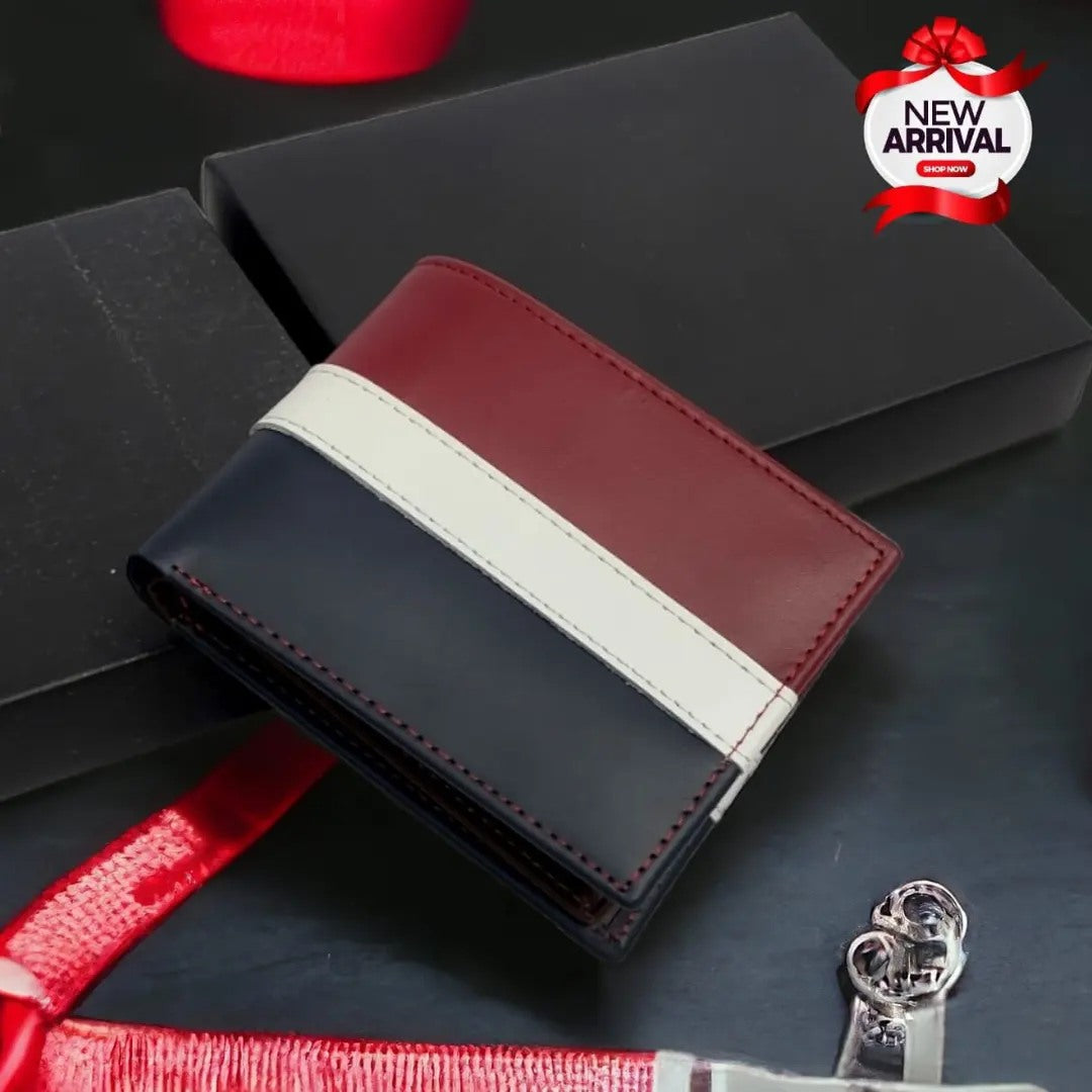 Genuine leather (J&S) Bi-Fold Pu-Leather Wallet for Men (Red,White,Blue) .
