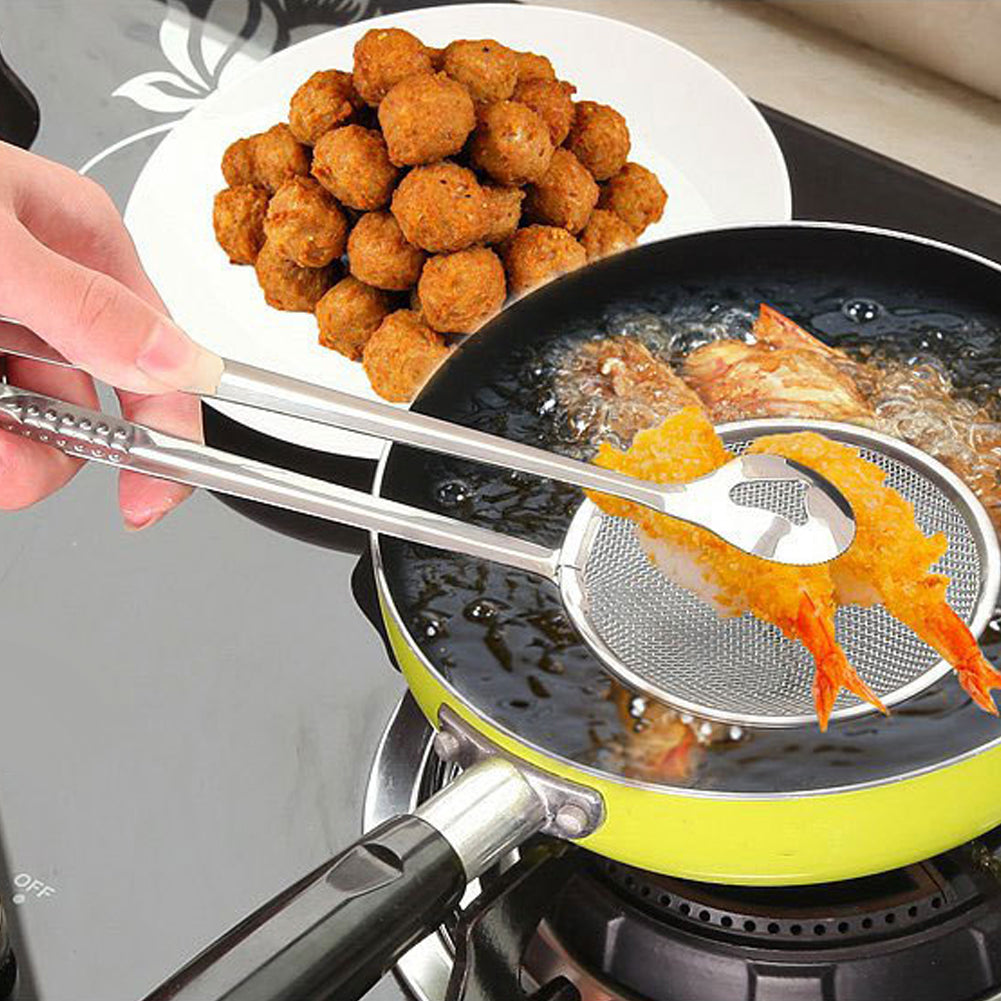 2 In 1 Frying Tong | Imported Small Multi-functional 2 In 1 Fry Tool Filter Spoon Strainer With Clip, Oil Frying Bbq Filter Stainless Steel Mesh