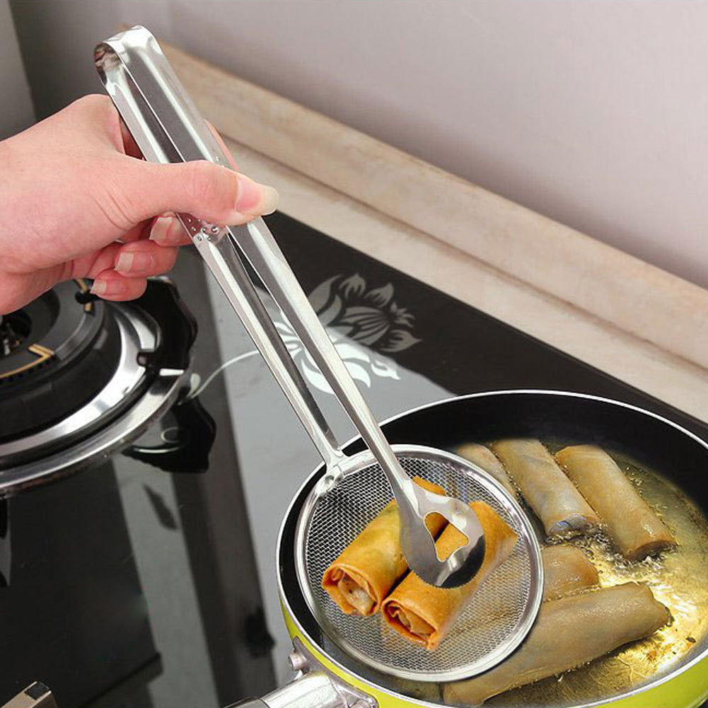 2 In 1 Frying Tong | Imported Small Multi-functional 2 In 1 Fry Tool Filter Spoon Strainer With Clip, Oil Frying Bbq Filter Stainless Steel Mesh