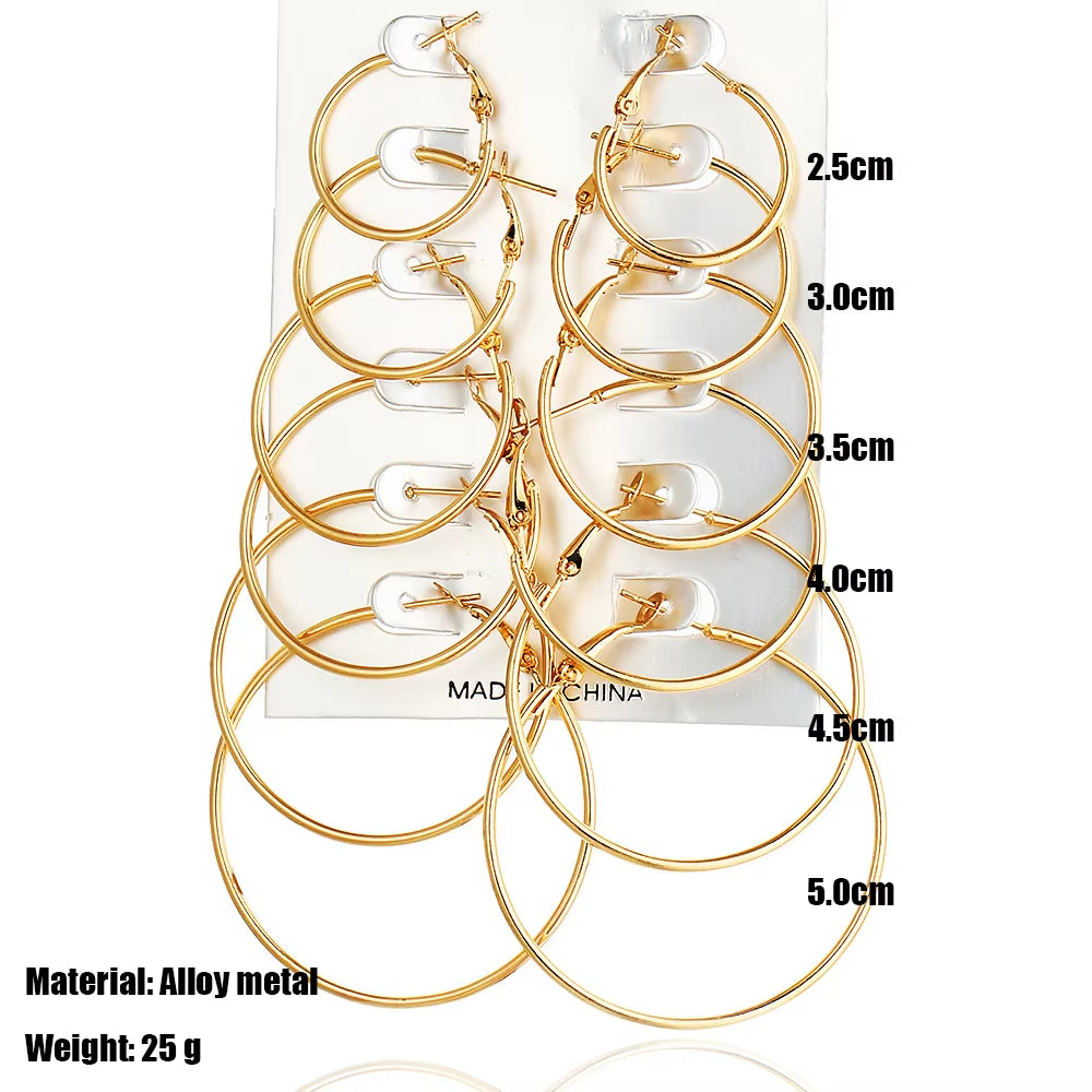 6 Pairs Hyperbole Big Gold Color Metal Hoop Earrings Set for Women Simple Round Circle Earring Female Silver Color Daily Jewelry.