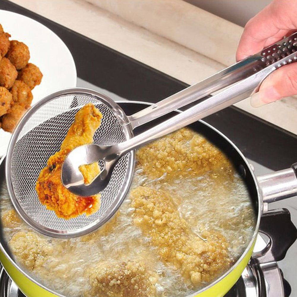 2 In 1 Frying Tong | Imported Small Multi-functional 2 In 1 Fry Tool Filter Spoon Strainer With Clip, Oil Frying Bbq Filter Stainless Steel Mesh