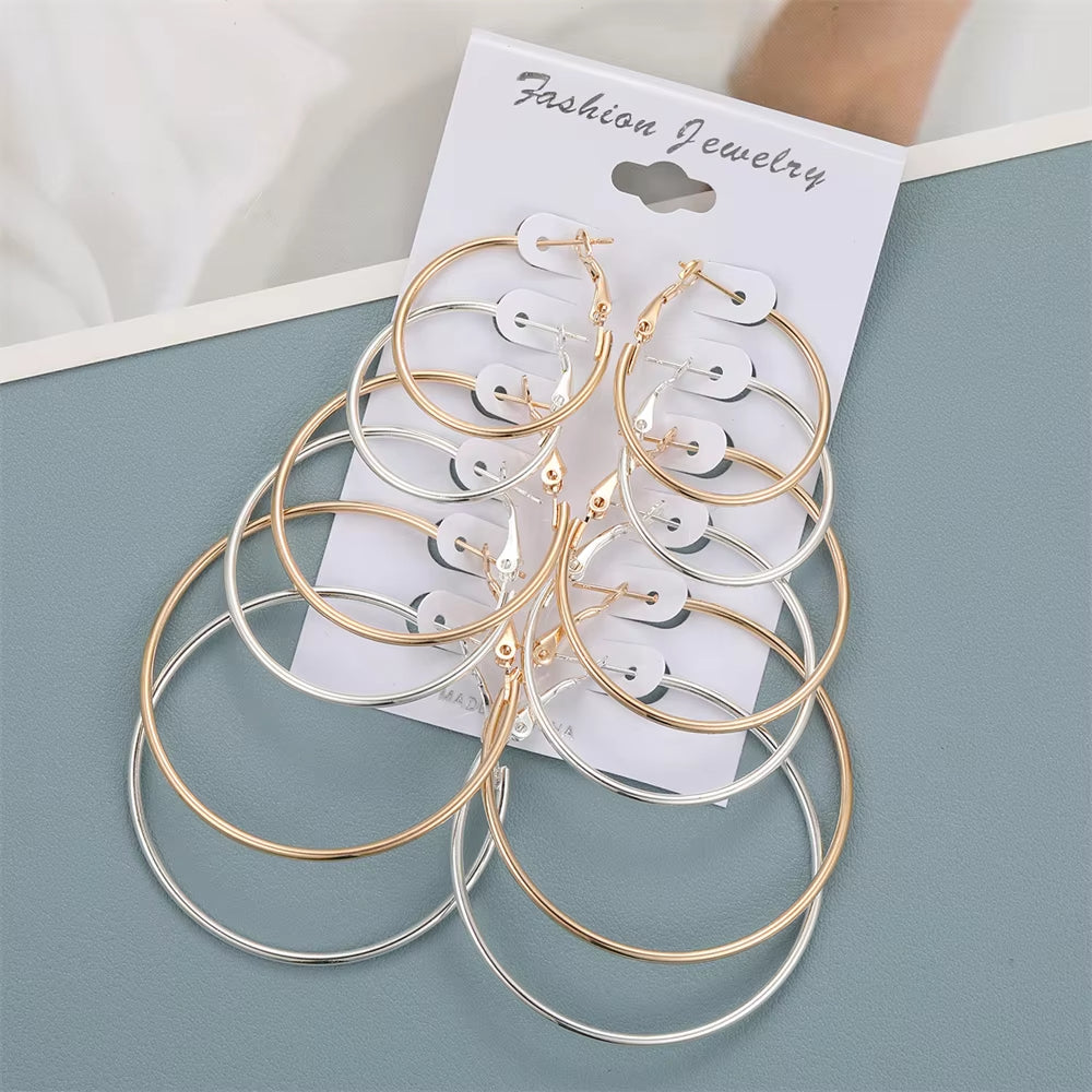 6 Pairs Hyperbole Big Gold Color Metal Hoop Earrings Set for Women Simple Round Circle Earring Female Silver Color Daily Jewelry.