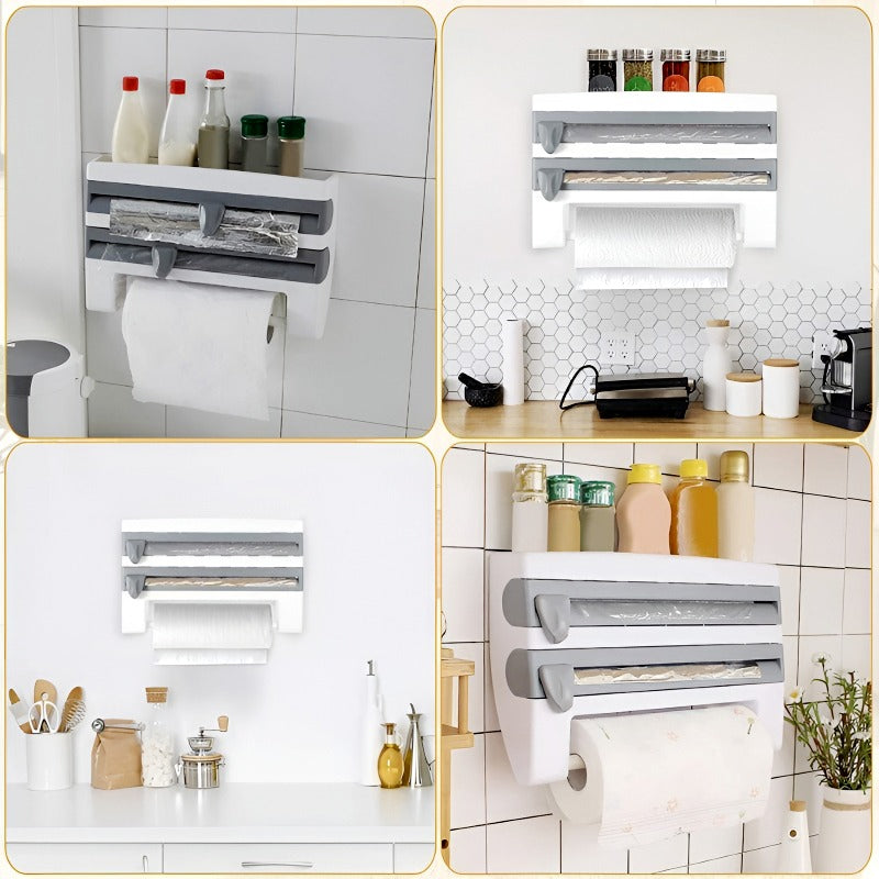 4-in-1 Multi-Purpose Wall-Mounted Kitchen Organizer Shelf with Foil Dispenser.