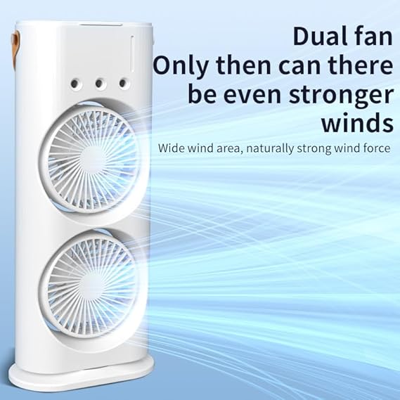 Mini Double Head Mist Fan with LED Light & Humidifier | Portable Air Cooler for Home, Office & Travel – USB Rechargeable