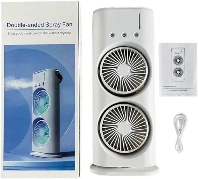 Mini Double Head Mist Fan with LED Light & Humidifier | Portable Air Cooler for Home, Office & Travel – USB Rechargeable