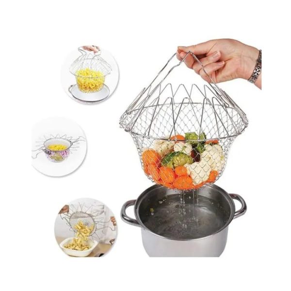 Stainless Steel Multi-functional Foldable Cooking Chef Basket Deluxe Kitchen Colander, Mesh Steam Rinse Strain Fry Basket Deep Fryer.