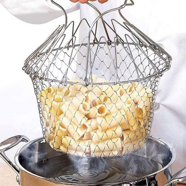 Stainless Steel Multi-functional Foldable Cooking Chef Basket Deluxe Kitchen Colander, Mesh Steam Rinse Strain Fry Basket Deep Fryer.