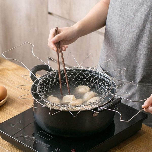 Stainless Steel Multi-functional Foldable Cooking Chef Basket Deluxe Kitchen Colander, Mesh Steam Rinse Strain Fry Basket Deep Fryer.