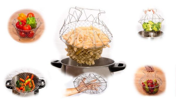 Stainless Steel Multi-functional Foldable Cooking Chef Basket Deluxe Kitchen Colander, Mesh Steam Rinse Strain Fry Basket Deep Fryer.