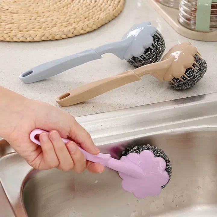 Stainless Steel Wool Ball Brush With Long Handle Kitchen Hanging Strong Cleaning.
