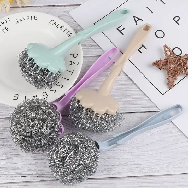 Stainless Steel Wool Ball Brush With Long Handle Kitchen Hanging Strong Cleaning.