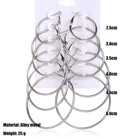 6 Pairs Hyperbole Big Gold Color Metal Hoop Earrings Set for Women Simple Round Circle Earring Female Silver Color Daily Jewelry.