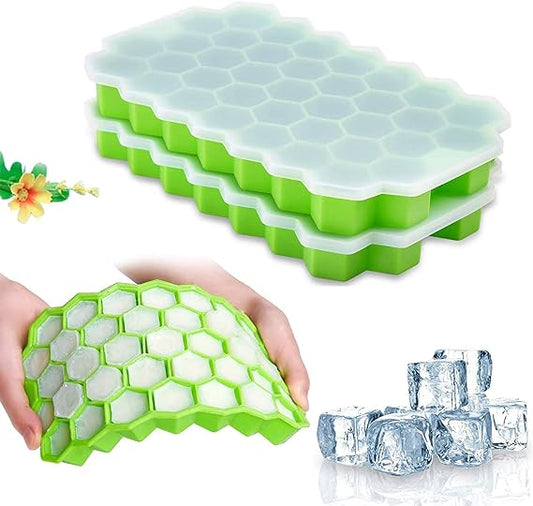 Round Mini Ice Cube Trays With Plastic Cover Flexible Silicone Bottom (random Color)