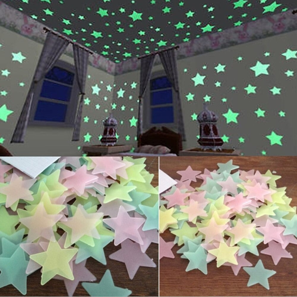 Pack of 100 - 3D Stars Glow In The Dark Wall Stickers Luminous Fluorescent Wall Stickers For Kids Baby Room Bedroom Ceiling Home Deco