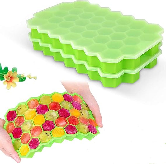 Round Mini Ice Cube Trays With Plastic Cover Flexible Silicone Bottom (random Color)