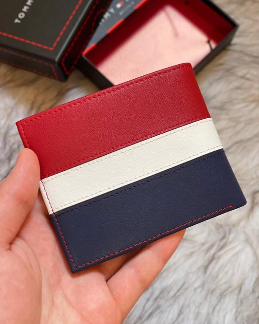 Genuine leather (J&S) Bi-Fold Pu-Leather Wallet for Men (Red,White,Blue) .