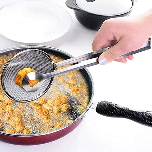 2 In 1 Frying Tong | Imported Small Multi-functional 2 In 1 Fry Tool Filter Spoon Strainer With Clip, Oil Frying Bbq Filter Stainless Steel Mesh