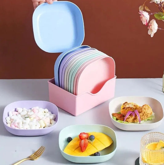 Kitchen Accessories Square Plastic Dinner Plate Set Of 10 Pcs Colorful Snacks Breakfast Plate With Stand Kitchen Tools 10Pcs MultiColor