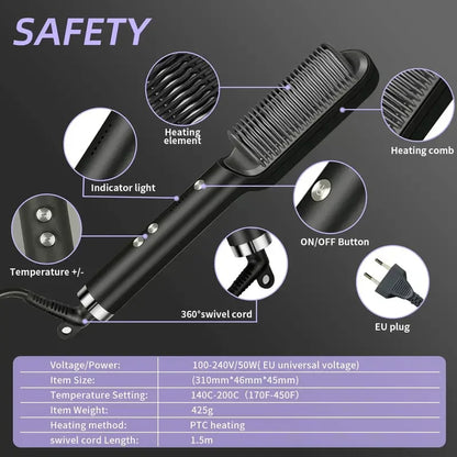 Hair Straightener Comb - Professional Quick Heated Electric Hot Comb Hair