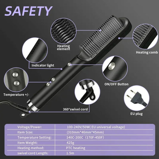 Hair Straightener Comb - Professional Quick Heated Electric Hot Comb Hair