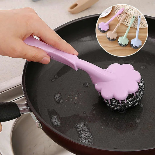 Stainless Steel Wool Ball Brush With Long Handle Kitchen Hanging Strong Cleaning.