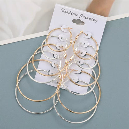 6 Pairs Hyperbole Big Gold Color Metal Hoop Earrings Set for Women Simple Round Circle Earring Female Silver Color Daily Jewelry.