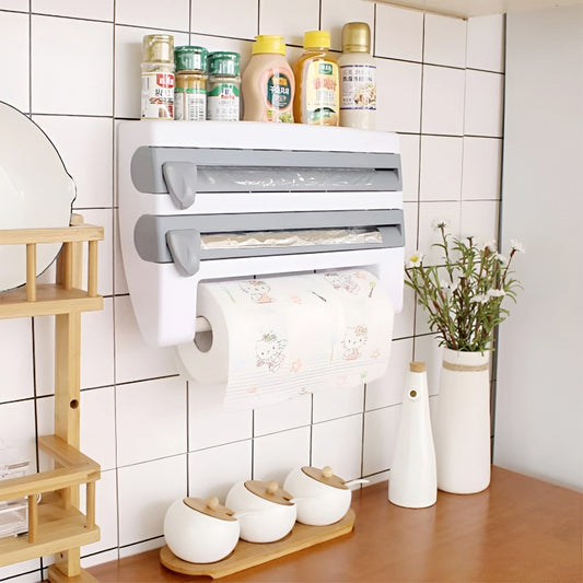 4-in-1 Multi-Purpose Wall-Mounted Kitchen Organizer Shelf with Foil Dispenser.