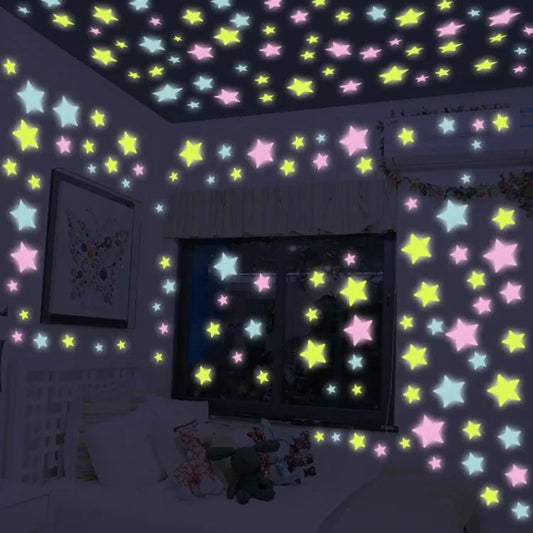 Pack of 100 - 3D Stars Glow In The Dark Wall Stickers Luminous Fluorescent Wall Stickers For Kids Baby Room Bedroom Ceiling Home Deco