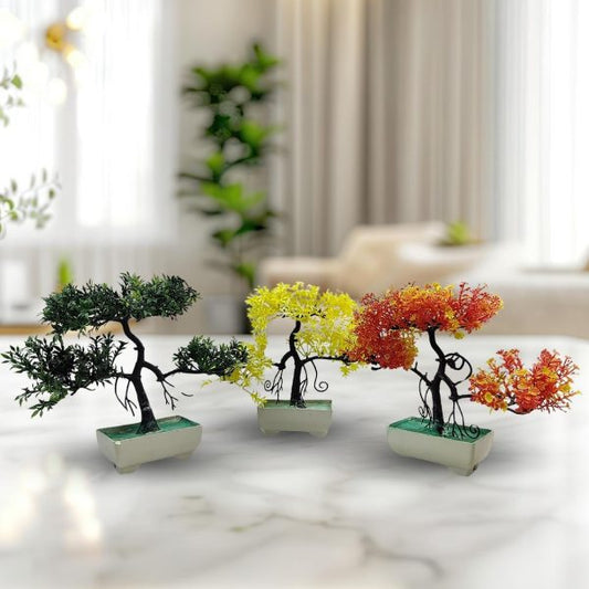 Pack Of 3 Bonsai Artifical Trees ( Green, Yellow, Orange )