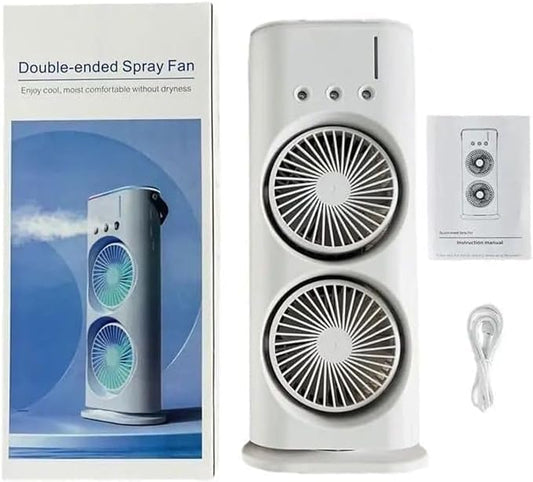 Mini Double Head Mist Fan with LED Light & Humidifier | Portable Air Cooler for Home, Office & Travel – USB Rechargeable
