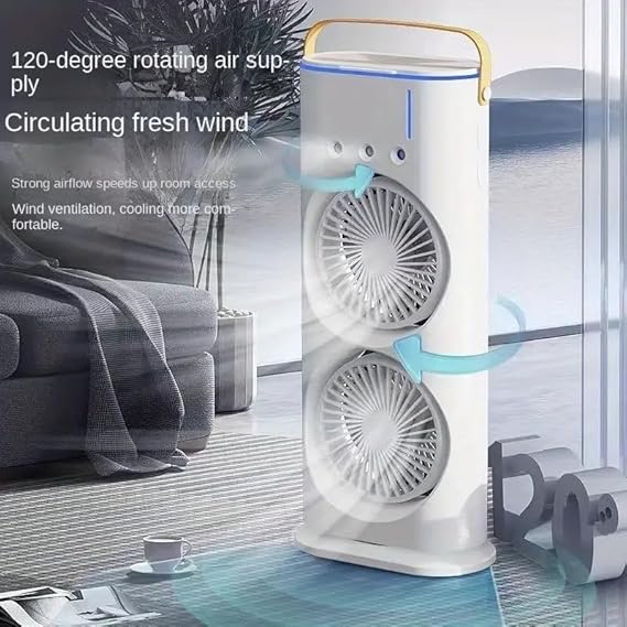 Mini Double Head Mist Fan with LED Light & Humidifier | Portable Air Cooler for Home, Office & Travel – USB Rechargeable