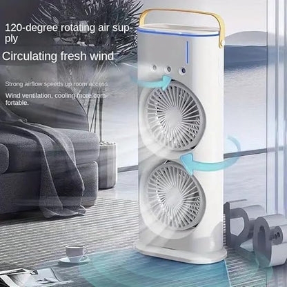 Mini Double Head Mist Fan with LED Light & Humidifier | Portable Air Cooler for Home, Office & Travel – USB Rechargeable