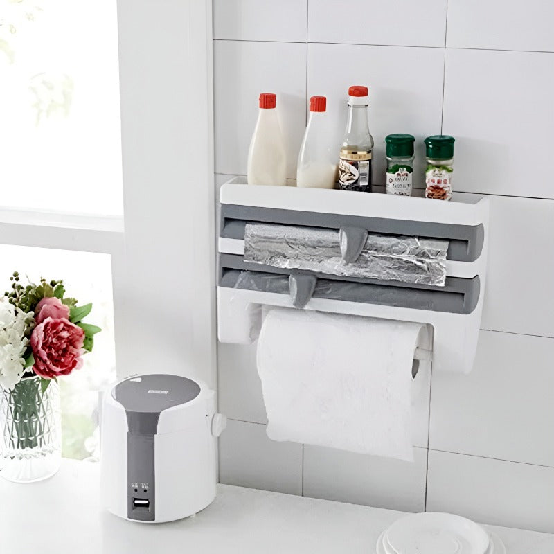 4-in-1 Multi-Purpose Wall-Mounted Kitchen Organizer Shelf with Foil Dispenser.