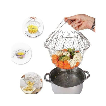 Stainless Steel Multi-functional Foldable Cooking Chef Basket Deluxe Kitchen Colander, Mesh Steam Rinse Strain Fry Basket Deep Fryer.
