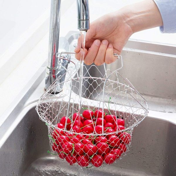 Stainless Steel Multi-functional Foldable Cooking Chef Basket Deluxe Kitchen Colander, Mesh Steam Rinse Strain Fry Basket Deep Fryer.