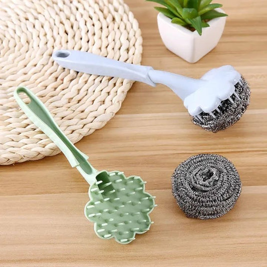 Stainless Steel Wool Ball Brush With Long Handle Kitchen Hanging Strong Cleaning.